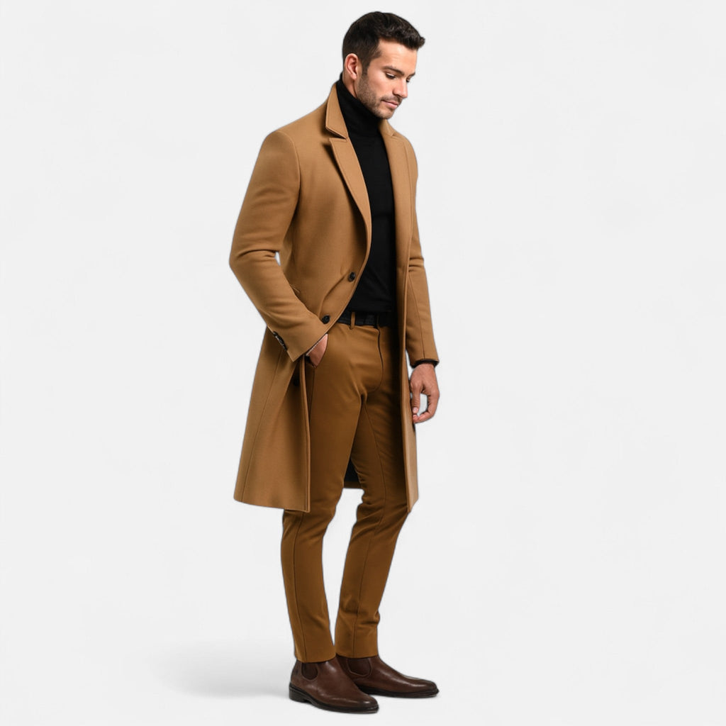 Men's Single Breasted Overcoat with Structured Lapels and Full Lining for Office Wear