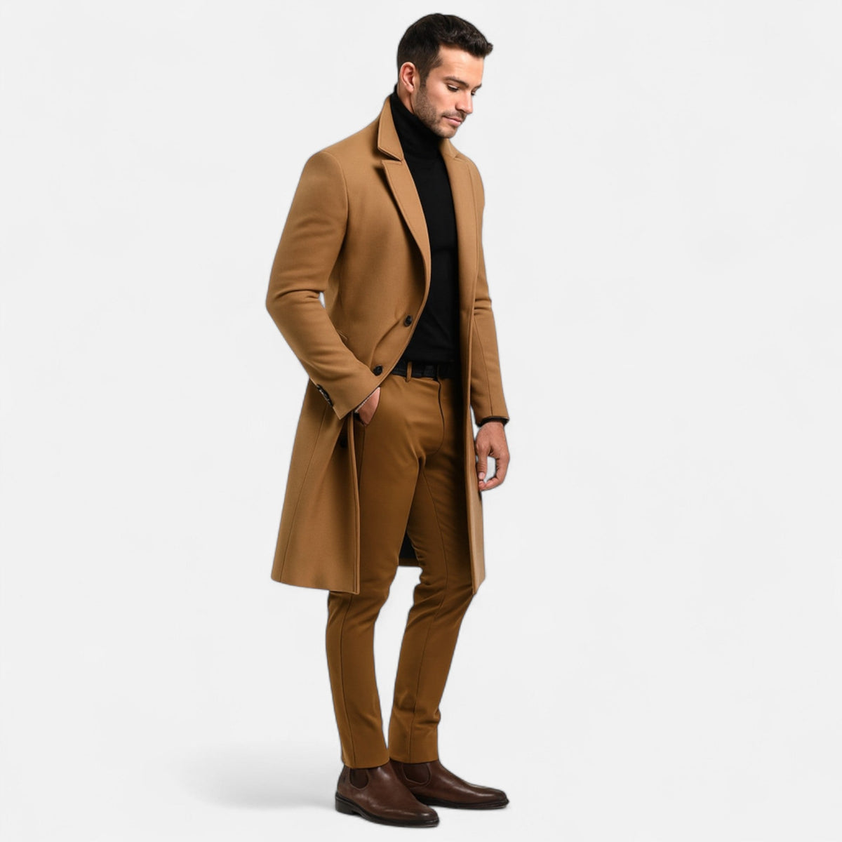 Men's Single Breasted Overcoat with Structured Lapels and Full Lining for Office Wear