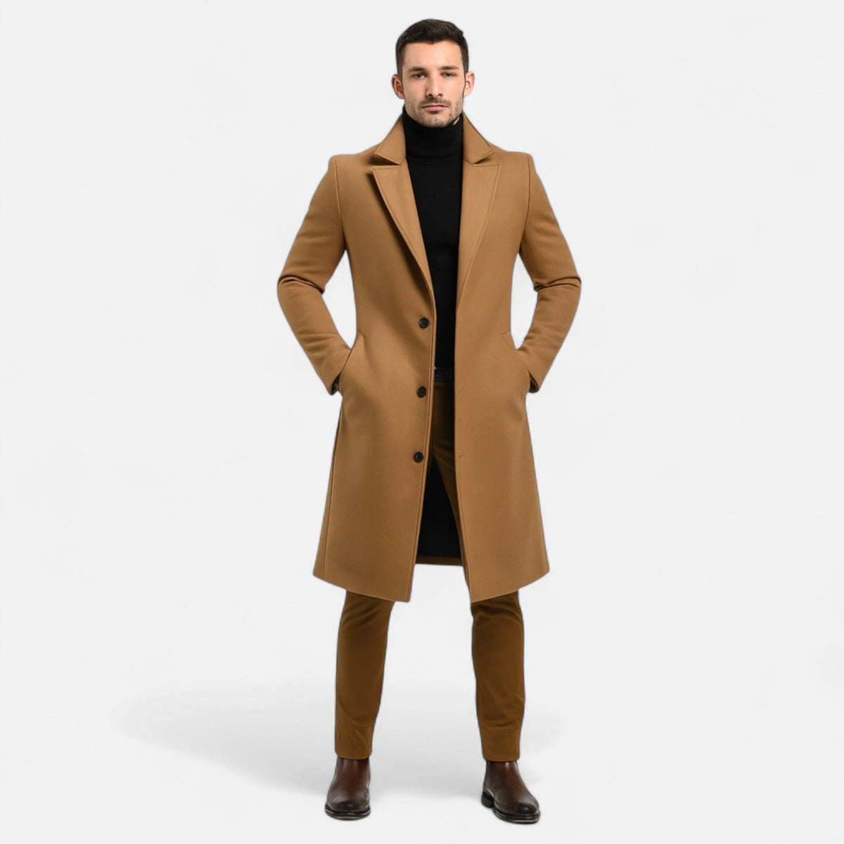 Men's Single Breasted Overcoat with Structured Lapels and Full Lining for Office Wear