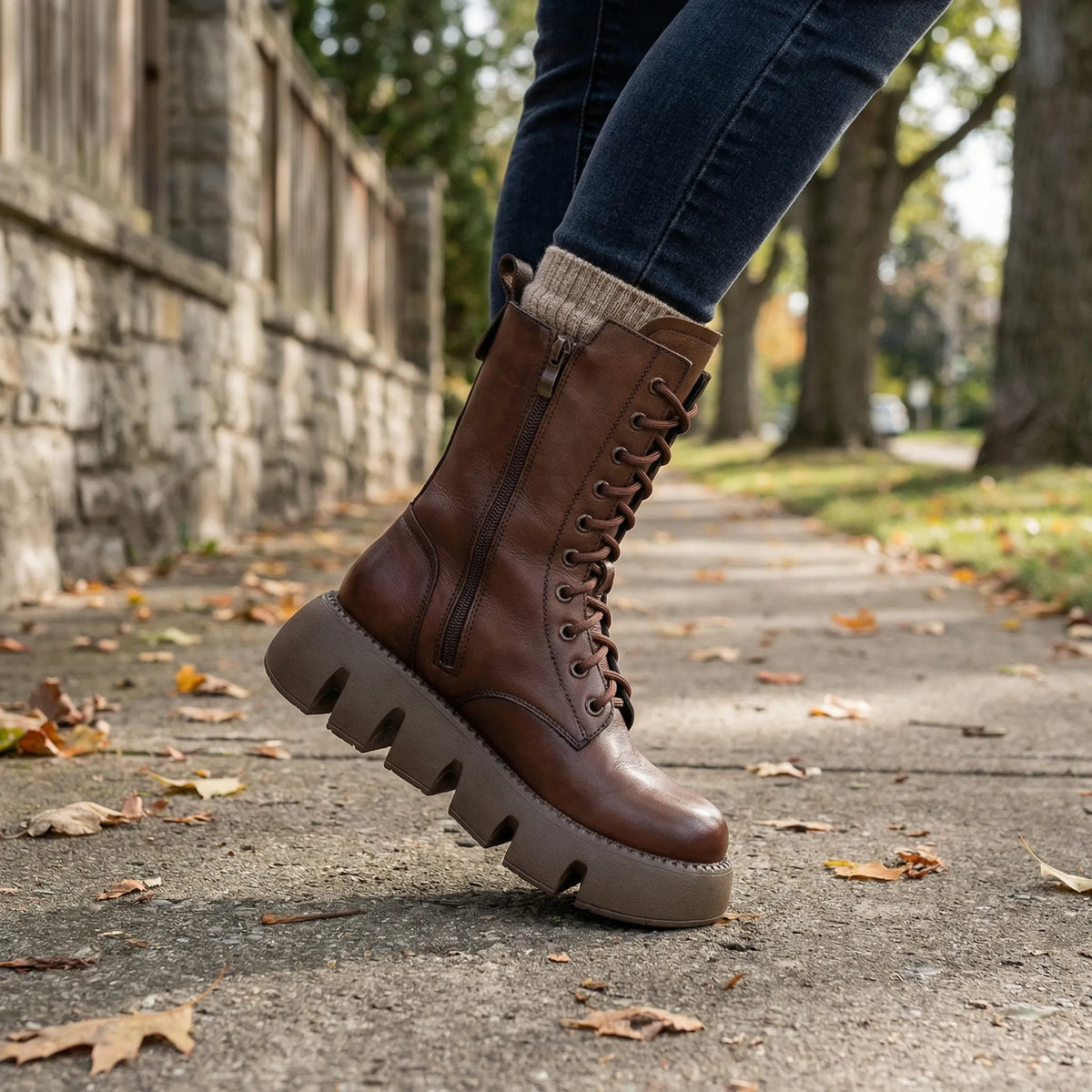 Women's Platform Combat Boots with Lace Up Pull Tab and Deep Tread Non Slip Sole