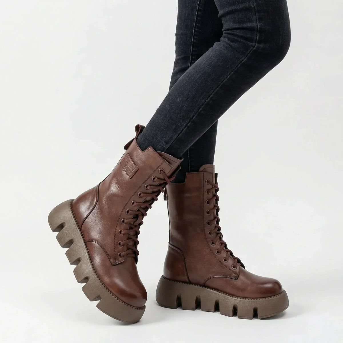 Women's Platform Combat Boots with Lace Up Pull Tab and Deep Tread Non Slip Sole