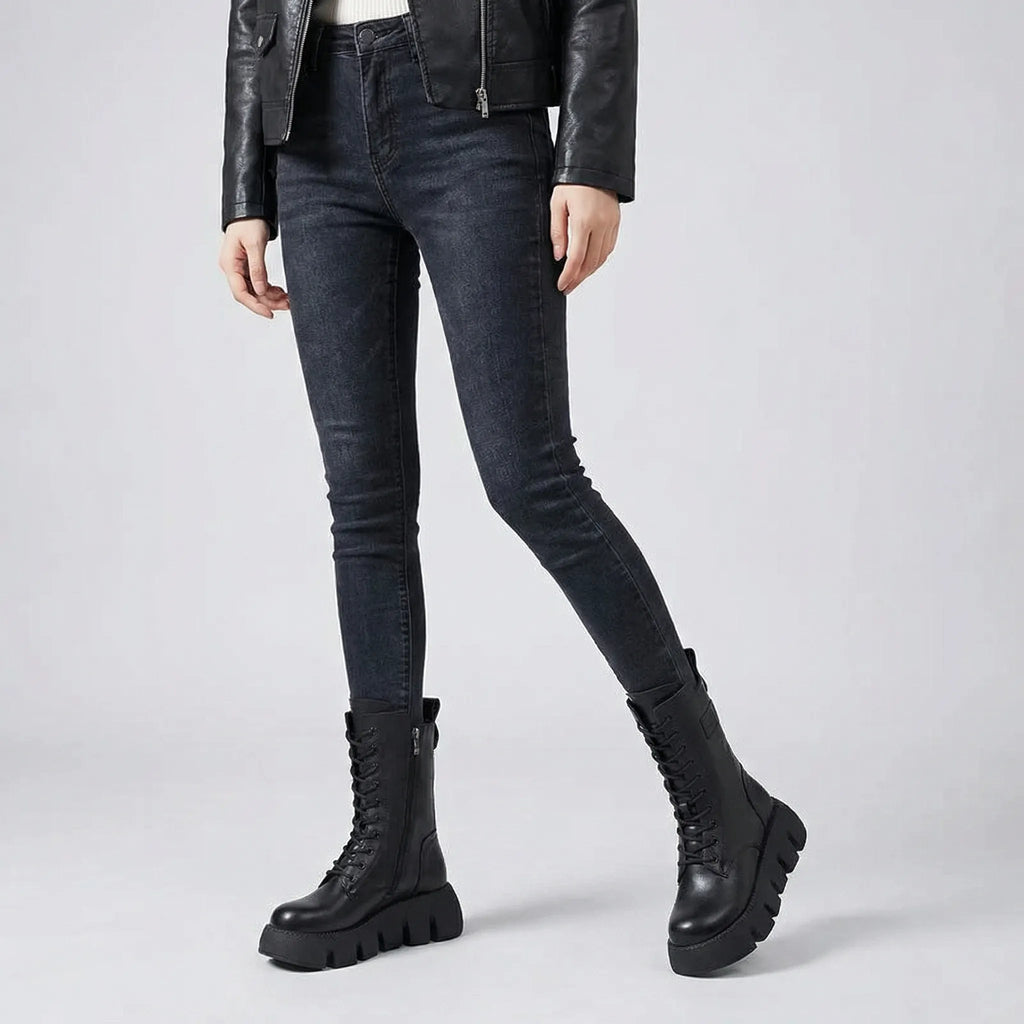 Women's Platform Combat Boots with Lace Up Pull Tab and Deep Tread Non Slip Sole