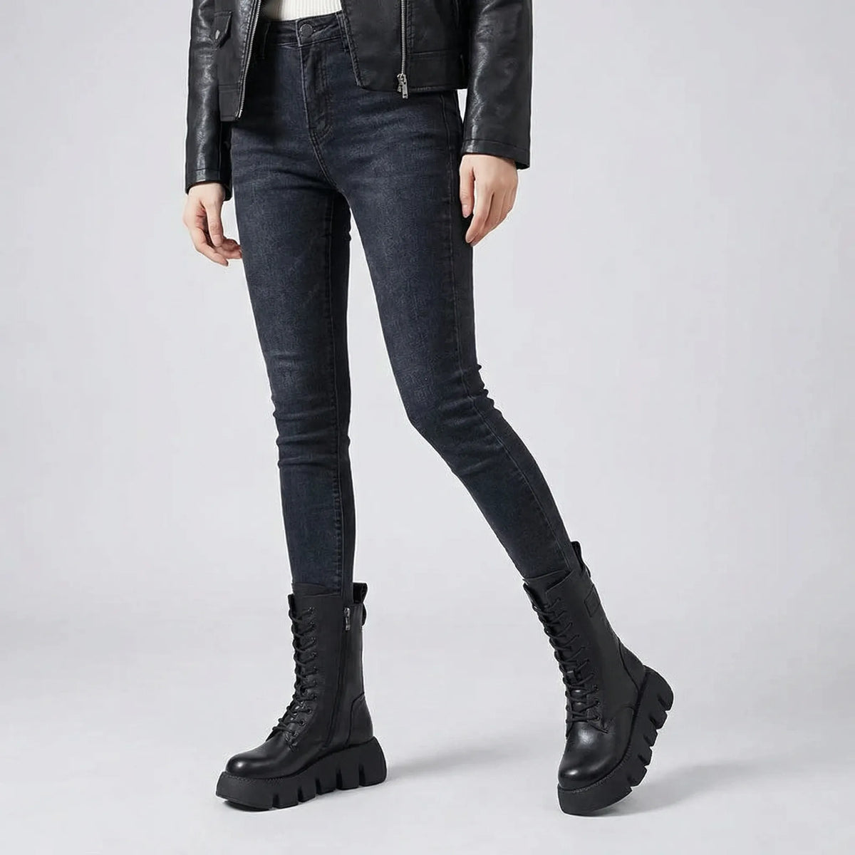 Women's Platform Combat Boots with Lace Up Pull Tab and Deep Tread Non Slip Sole