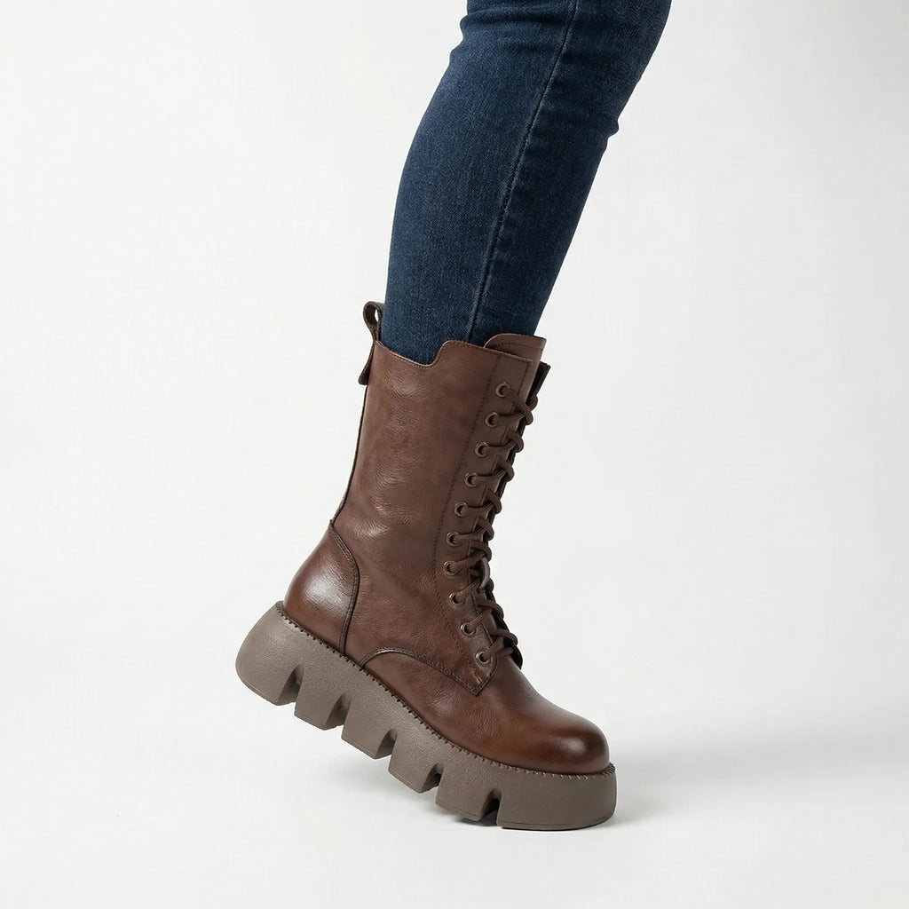Women's Platform Combat Boots with Lace Up Pull Tab and Deep Tread Non Slip Sole