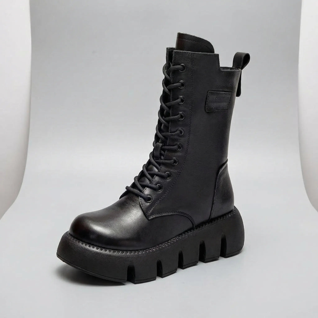 Women's Platform Combat Boots with Lace Up Pull Tab and Deep Tread Non Slip Sole