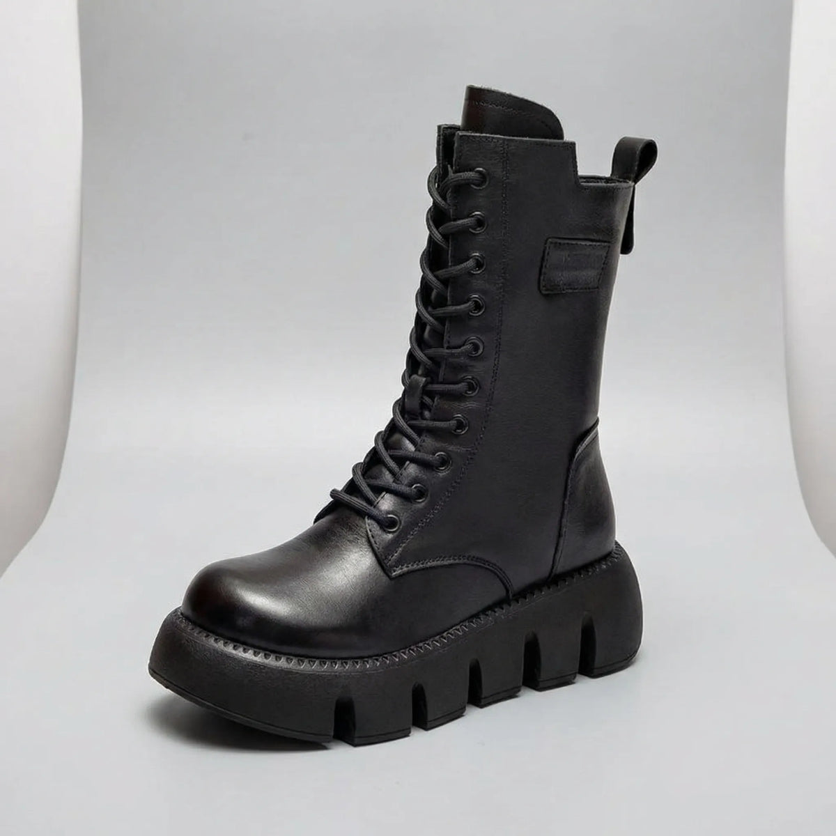 Women's Platform Combat Boots with Lace Up Pull Tab and Deep Tread Non Slip Sole