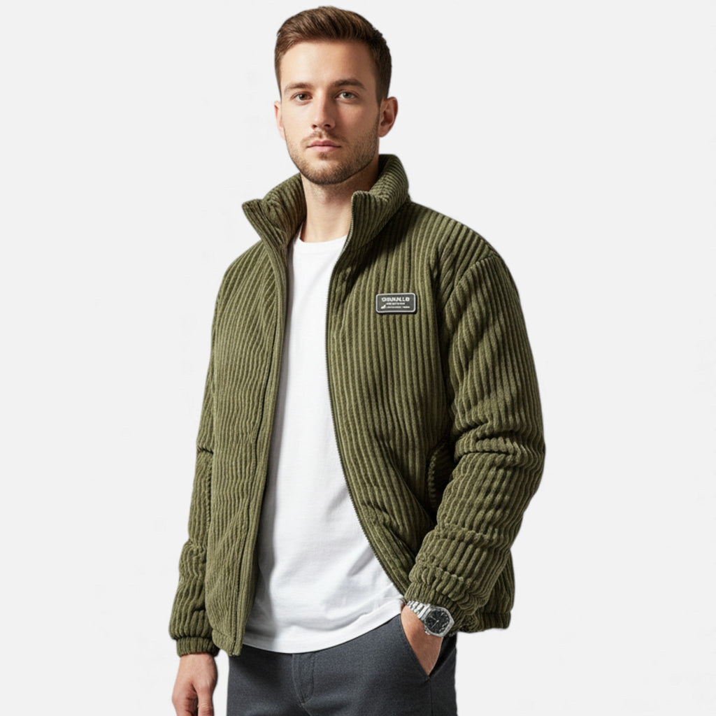 Men's Corduroy Puffer Parka in 100% Cotton with Stand Collar Zip Front and Pockets