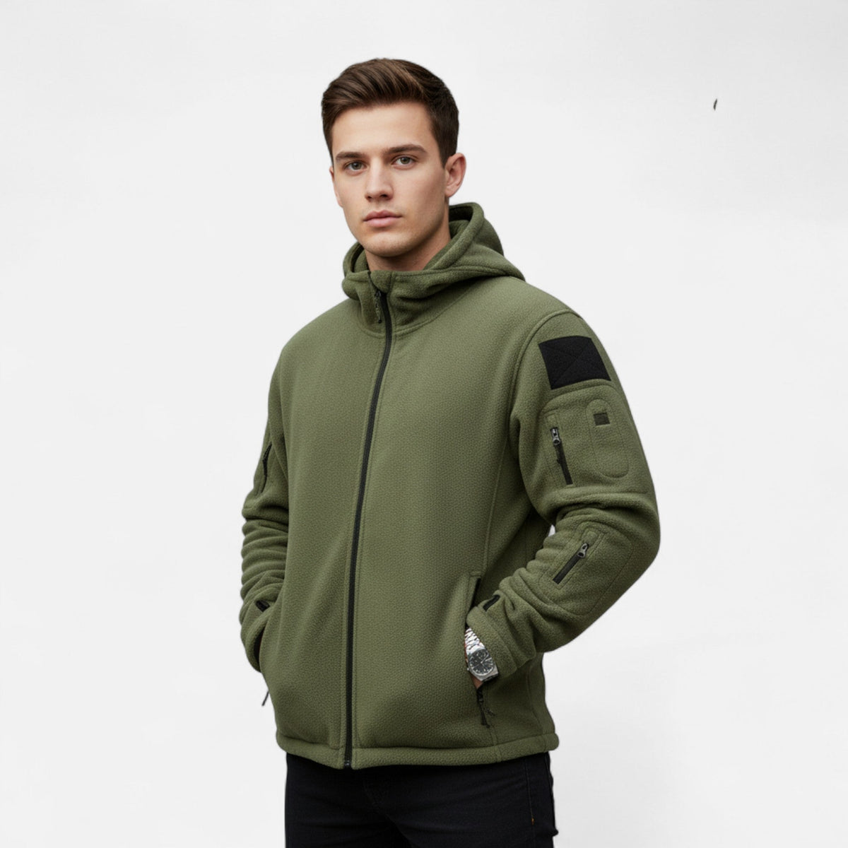 Men's Tactical Softshell Jacket with Fleece Lining Adjustable Hood and Zip Pockets