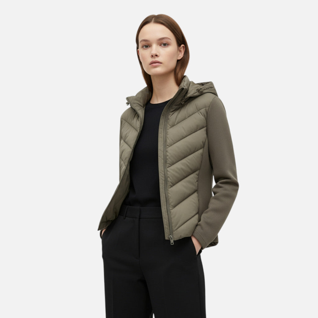 Women's Long Hooded Patchwork Puffer Coat in Polyester with Synthetic Fill