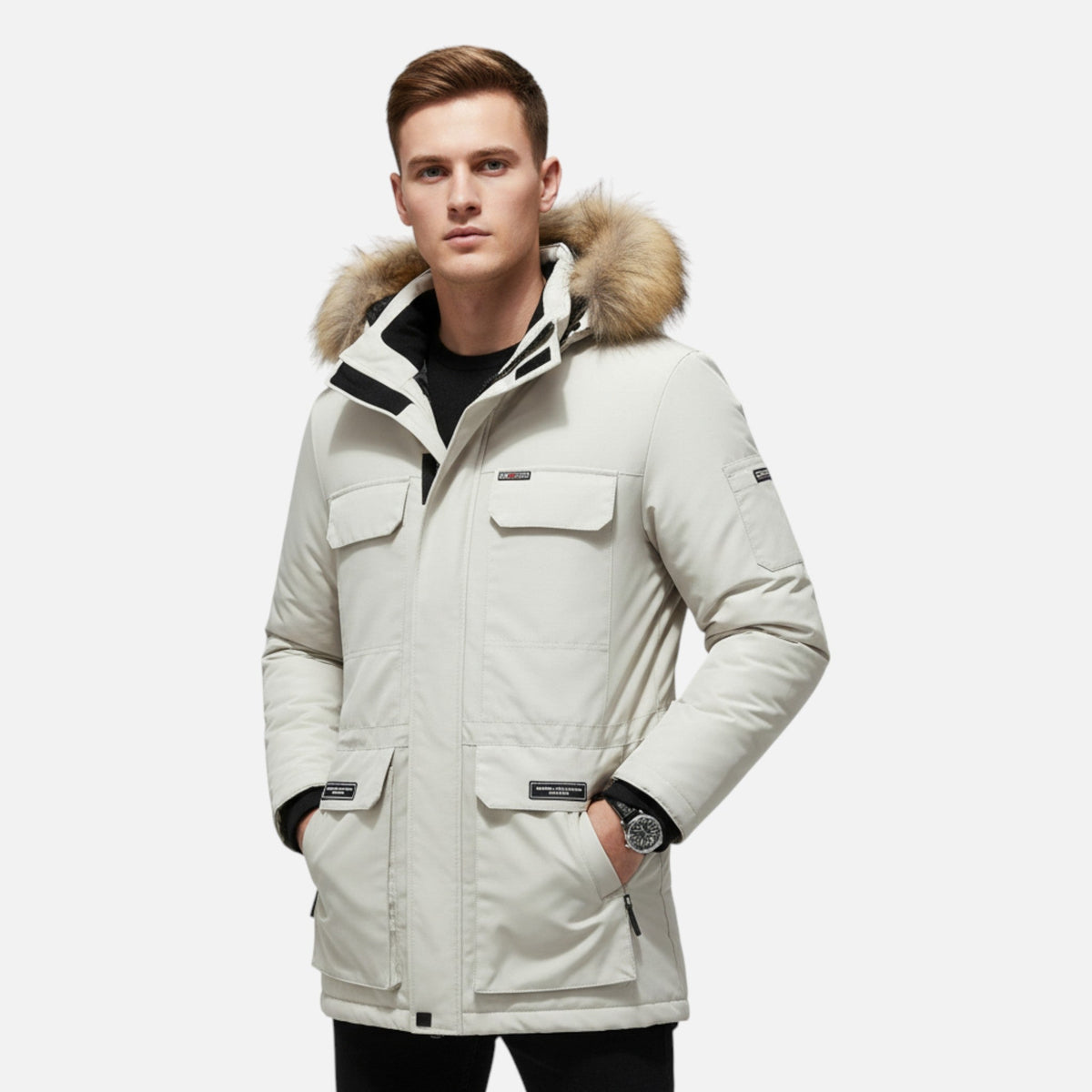 Men's Hooded Parka with Fleece Lining Synthetic Down Fill and Waterproof Shell