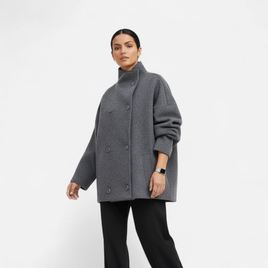 Women's Short Polyester Coat with High Collar Double Button and Drop Shoulders