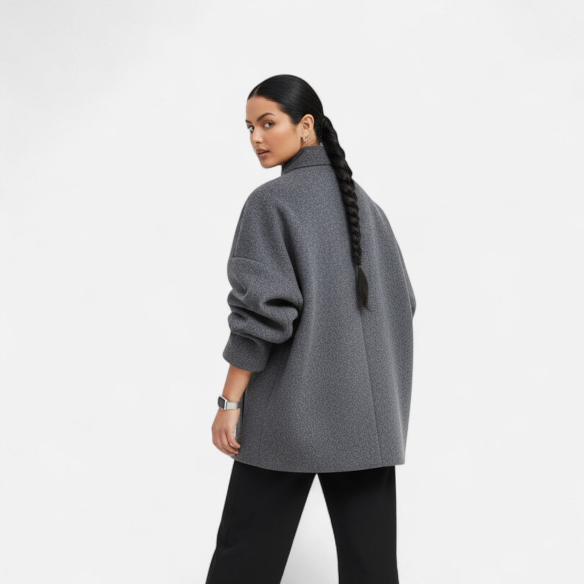 Women's Short Polyester Coat with High Collar Double Button and Drop Shoulders