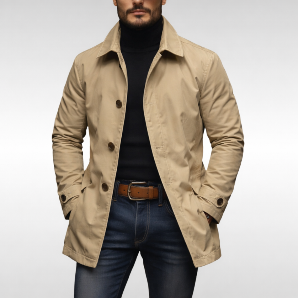 Men's Weather Resistant Mid Length Coat with Quilted Lining Fitted Cut and Pockets