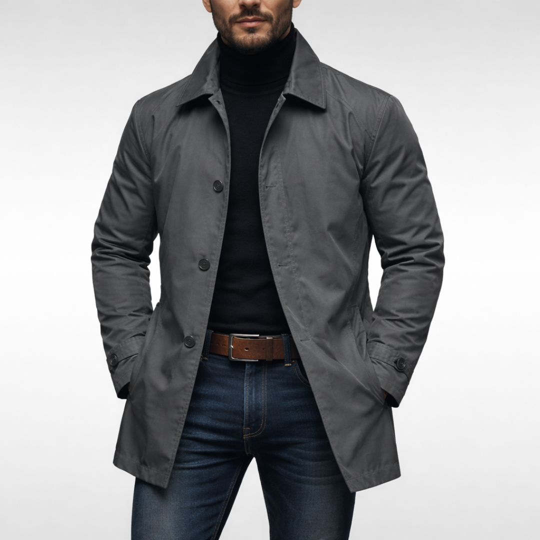 Men's Weather Resistant Mid Length Coat with Quilted Lining Fitted Cut and Pockets