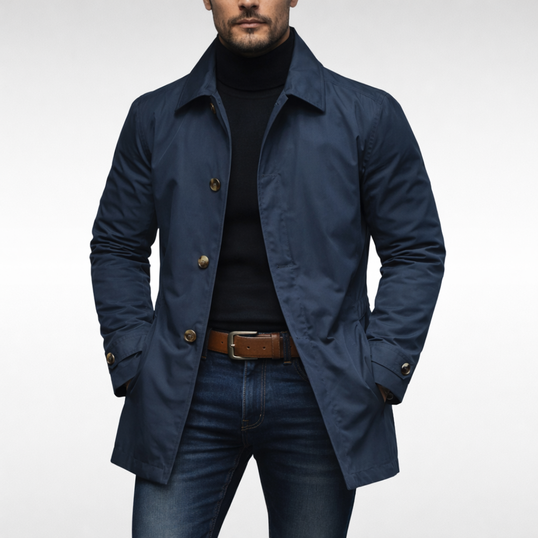 Men's Weather Resistant Mid Length Coat with Quilted Lining Fitted Cut and Pockets
