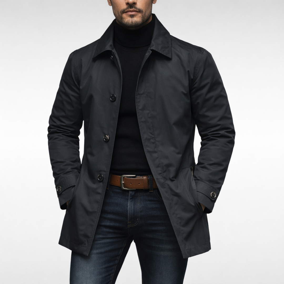 Men's Weather Resistant Mid Length Coat with Quilted Lining Fitted Cut and Pockets
