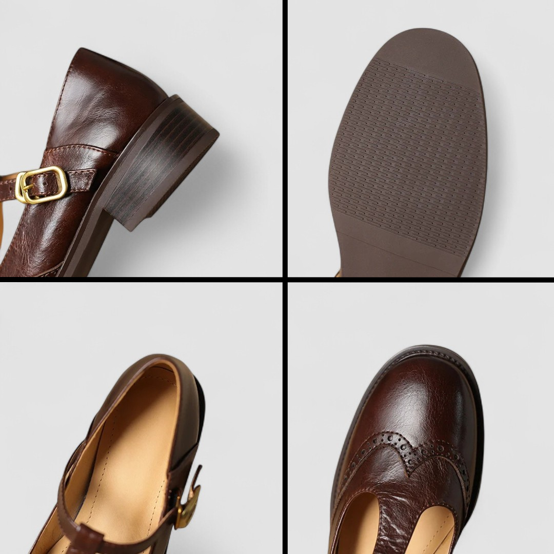 Women's Genuine Leather Mary Jane Shoes with Block Heel Round Toe and Buckle Strap