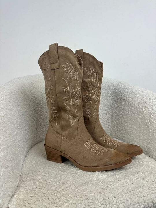 Women's Western Mid Calf Cowboy Boots with Low Stacked Heel Side Zip and Rubber Sole