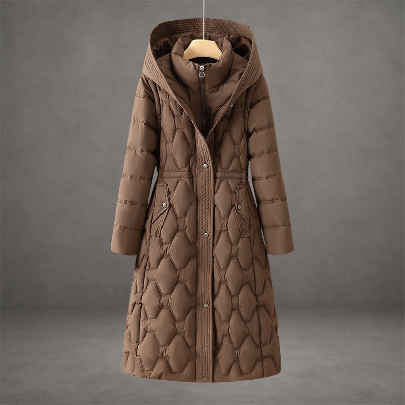 Women's Longline Hooded Down Coat with Waterproof Windproof Shell and Pockets