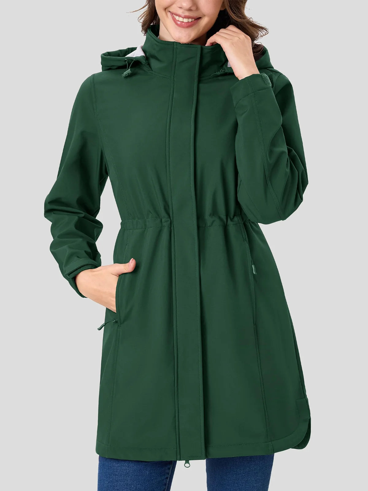 Women's Long Fleece Lined Softshell Rain Jacket with Hood Waterproof Windproof Shell