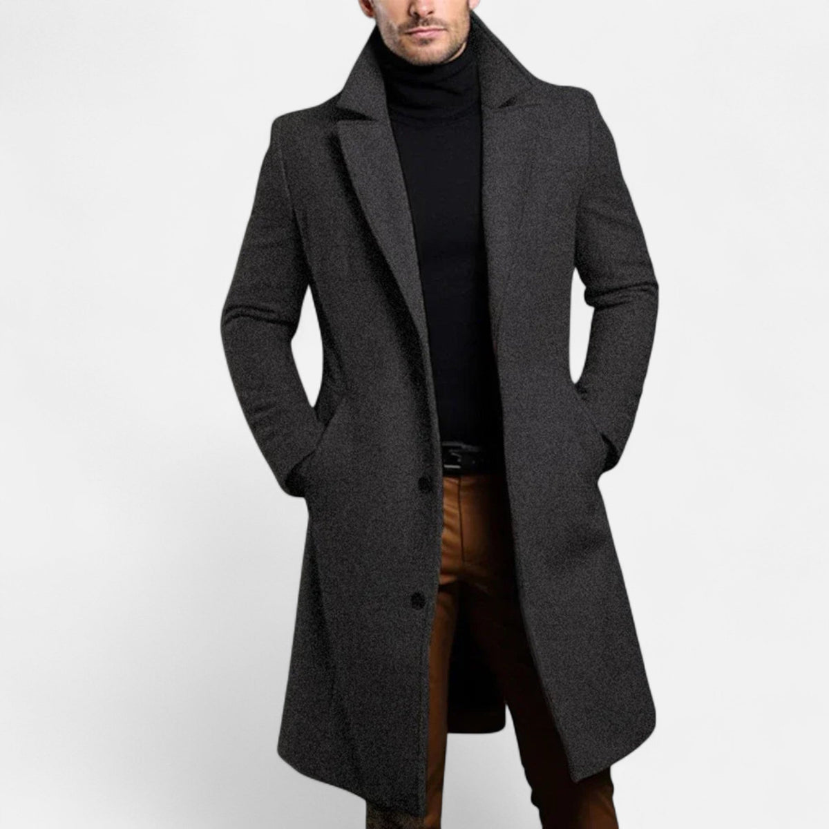 Men's Single Breasted Overcoat with Structured Lapels and Full Lining for Office Wear