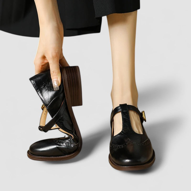 Women's Genuine Leather Mary Jane Shoes with Block Heel Round Toe and Buckle Strap