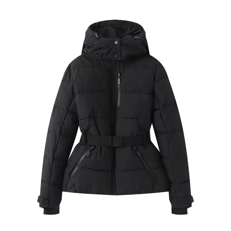 Women's Belted Hooded Puffer Ski Jacket with Polyester Fill Slim Fit and Zip Pockets