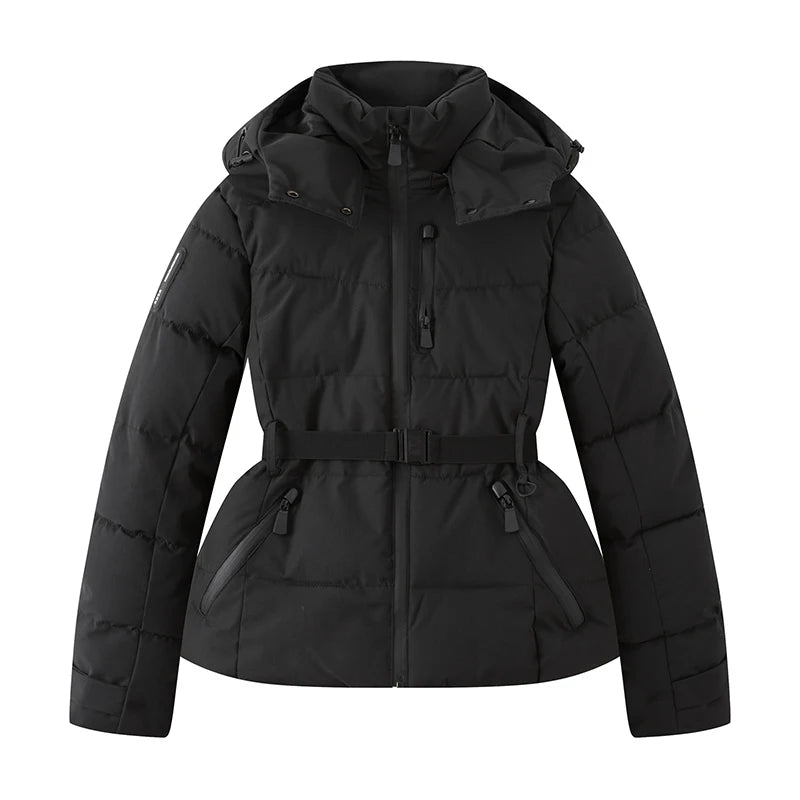Women's Belted Hooded Puffer Ski Jacket with Polyester Fill Slim Fit and Zip Pockets
