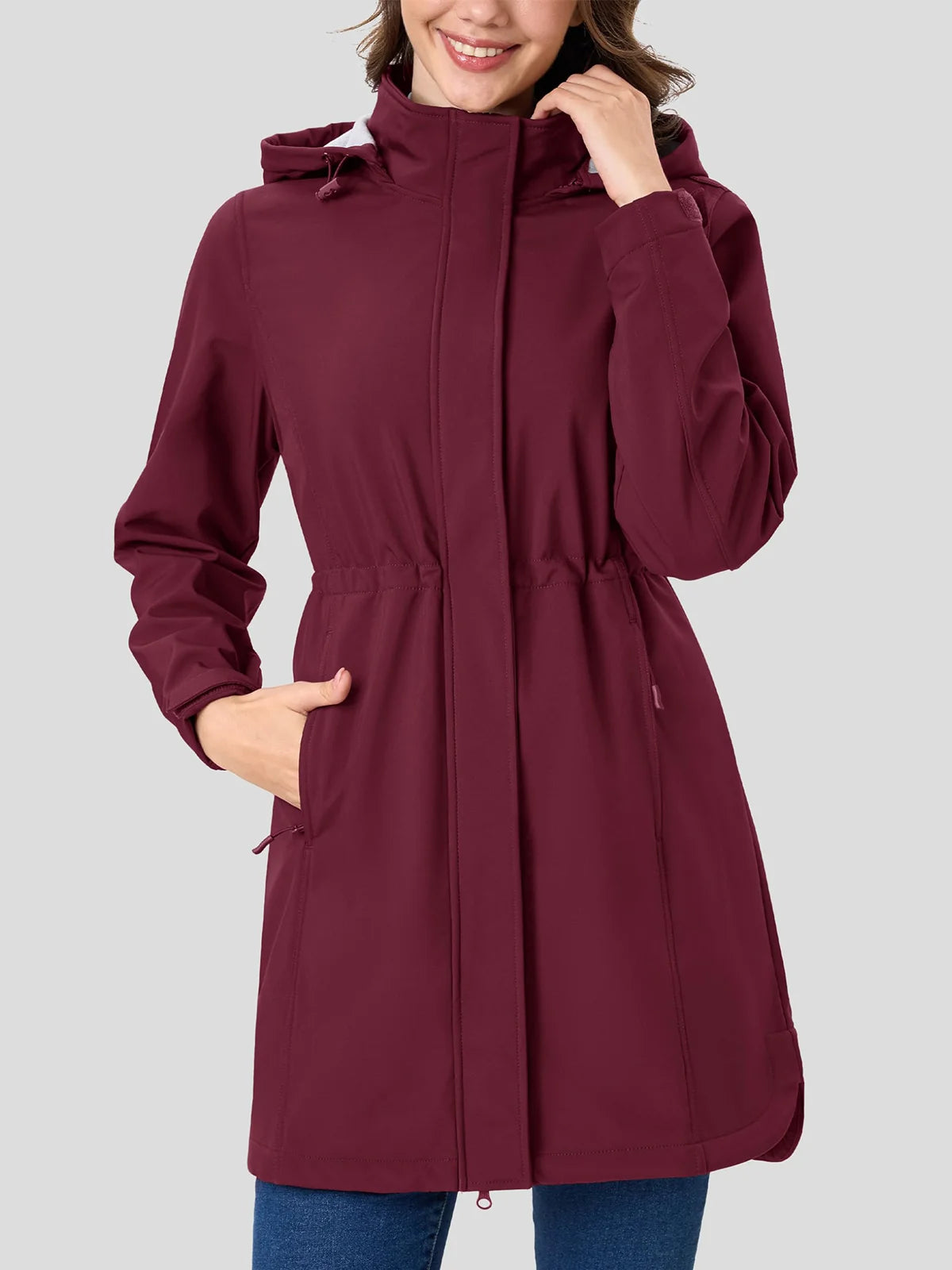 Women's Long Fleece Lined Softshell Rain Jacket with Hood Waterproof Windproof Shell