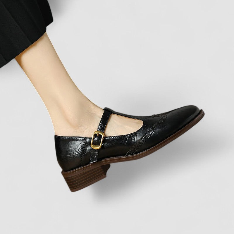 Women's Genuine Leather Mary Jane Shoes with Block Heel Round Toe and Buckle Strap