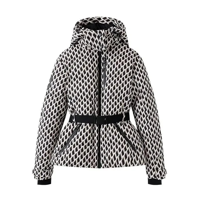 Women's Belted Hooded Puffer Ski Jacket with Polyester Fill Slim Fit and Zip Pockets