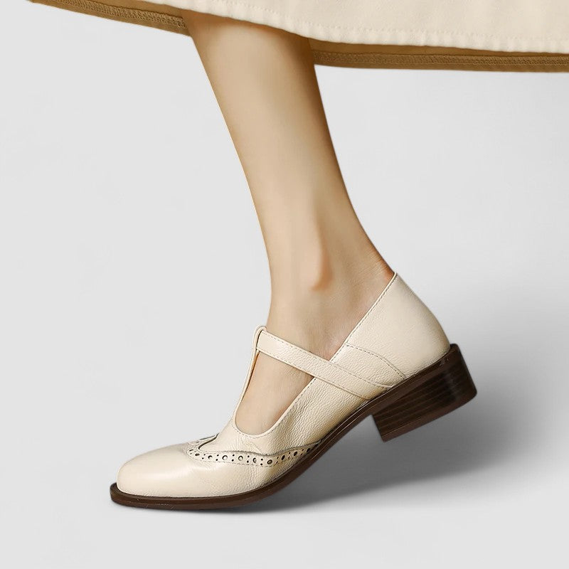 Women's Genuine Leather Mary Jane Shoes with Block Heel Round Toe and Buckle Strap