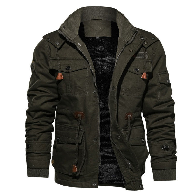 Men's Waterproof Fleece Jacket with High Collar Chest Pockets and Metal Hardware
