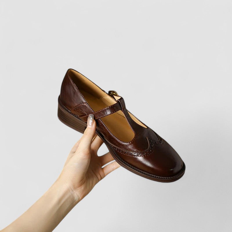 Women's Genuine Leather Mary Jane Shoes with Block Heel Round Toe and Buckle Strap