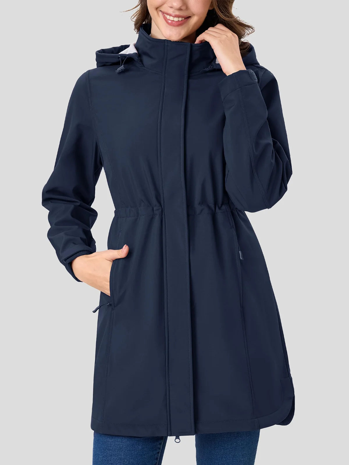 Women's Long Fleece Lined Softshell Rain Jacket with Hood Waterproof Windproof Shell