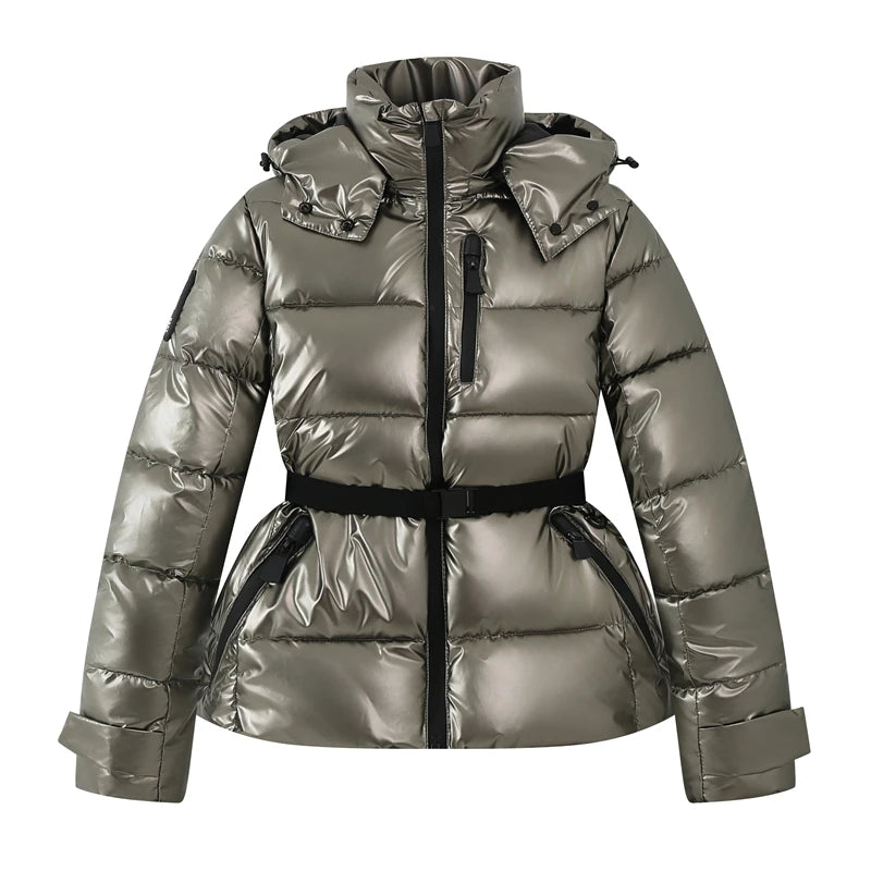 Women's Belted Hooded Puffer Ski Jacket with Polyester Fill Slim Fit and Zip Pockets