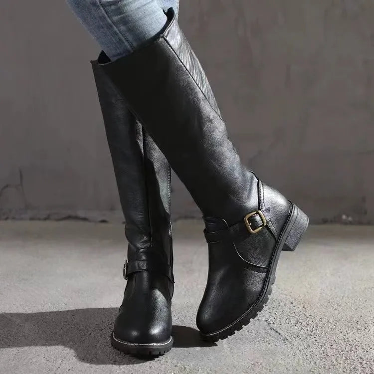 Women's Leather Tall Boots with Non Slip Rubber Sole Side Zip and Wide Toe Box