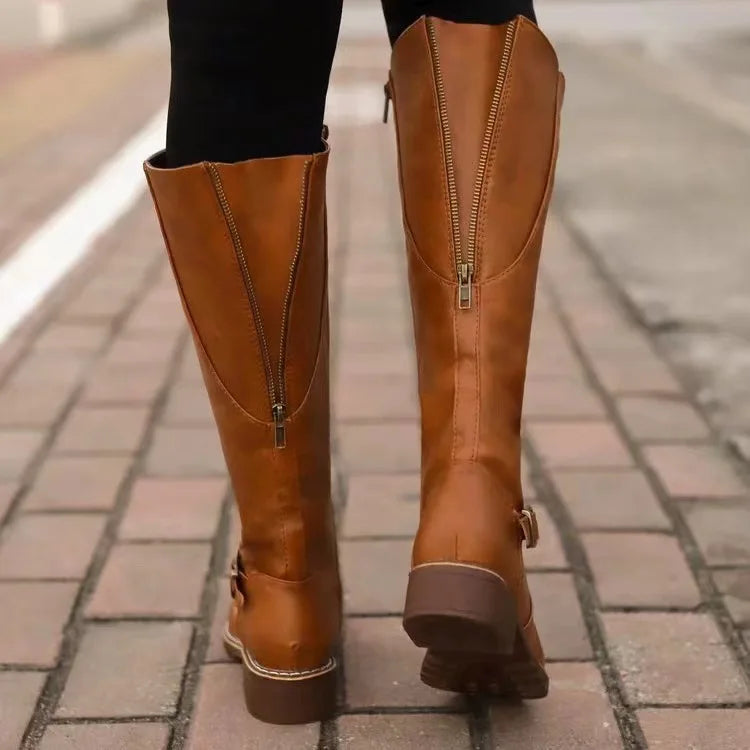 Women's Leather Tall Boots with Non Slip Rubber Sole Side Zip and Wide Toe Box