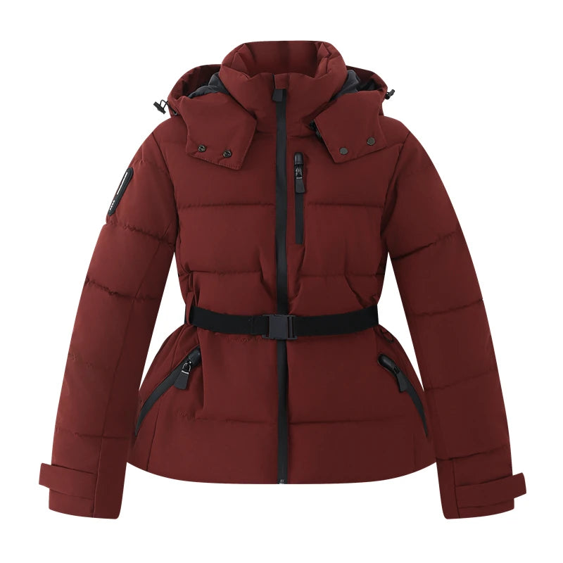 Women's Belted Hooded Puffer Ski Jacket with Polyester Fill Slim Fit and Zip Pockets