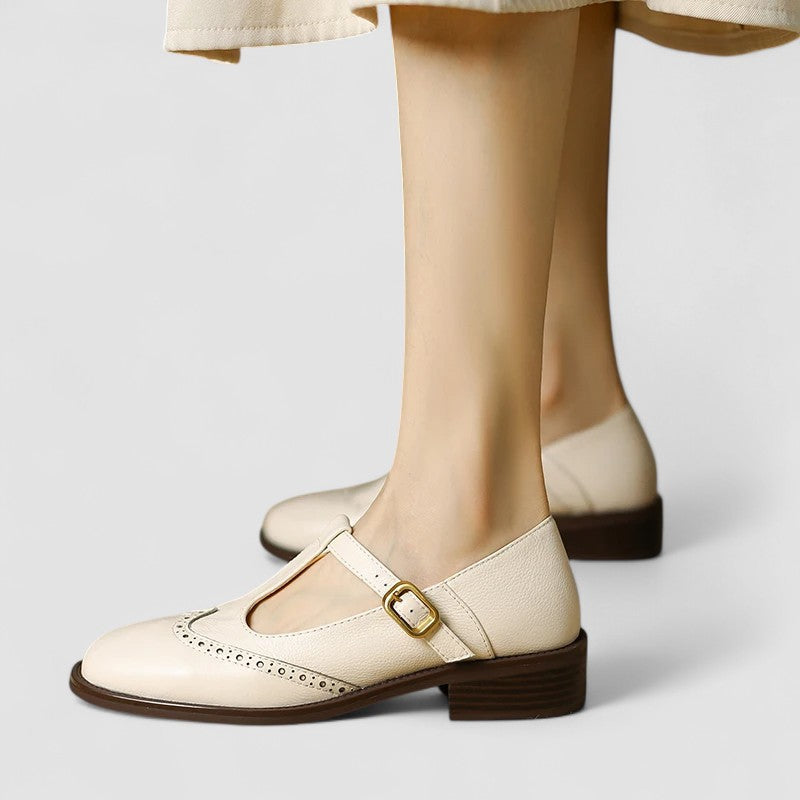 Women's Genuine Leather Mary Jane Shoes with Block Heel Round Toe and Buckle Strap