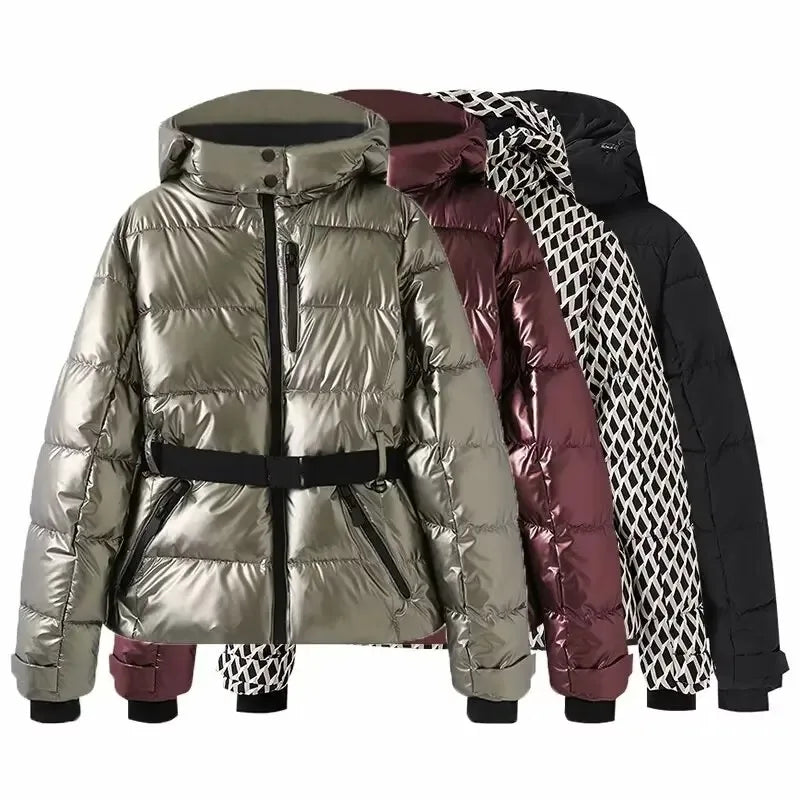 Women's Belted Hooded Puffer Ski Jacket with Polyester Fill Slim Fit and Zip Pockets