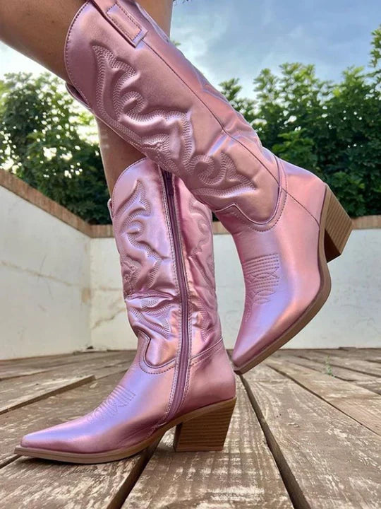 Women's Western Mid Calf Cowboy Boots with Low Stacked Heel Side Zip and Rubber Sole