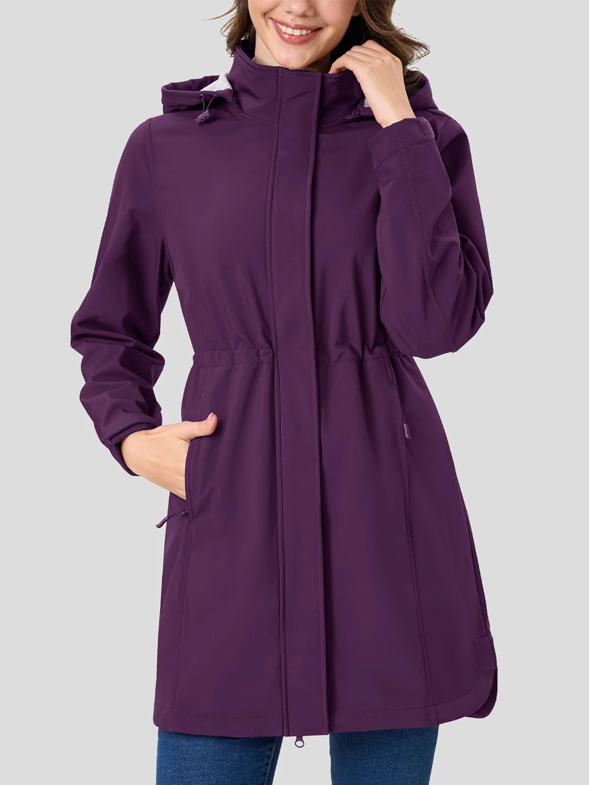 Women's Long Fleece Lined Softshell Rain Jacket with Hood Waterproof Windproof Shell