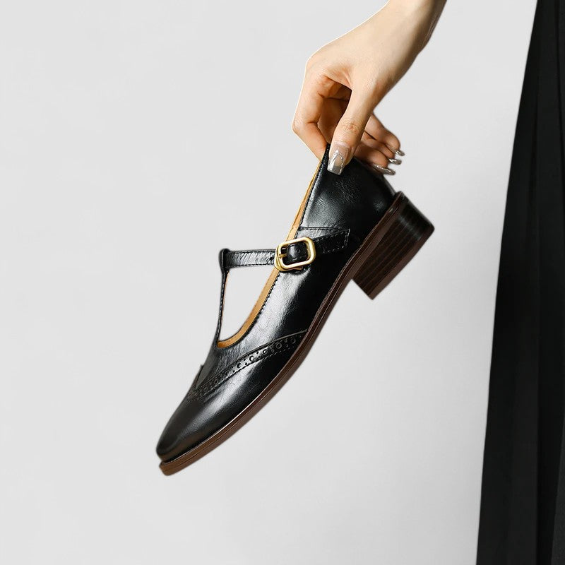 Women's Genuine Leather Mary Jane Shoes with Block Heel Round Toe and Buckle Strap