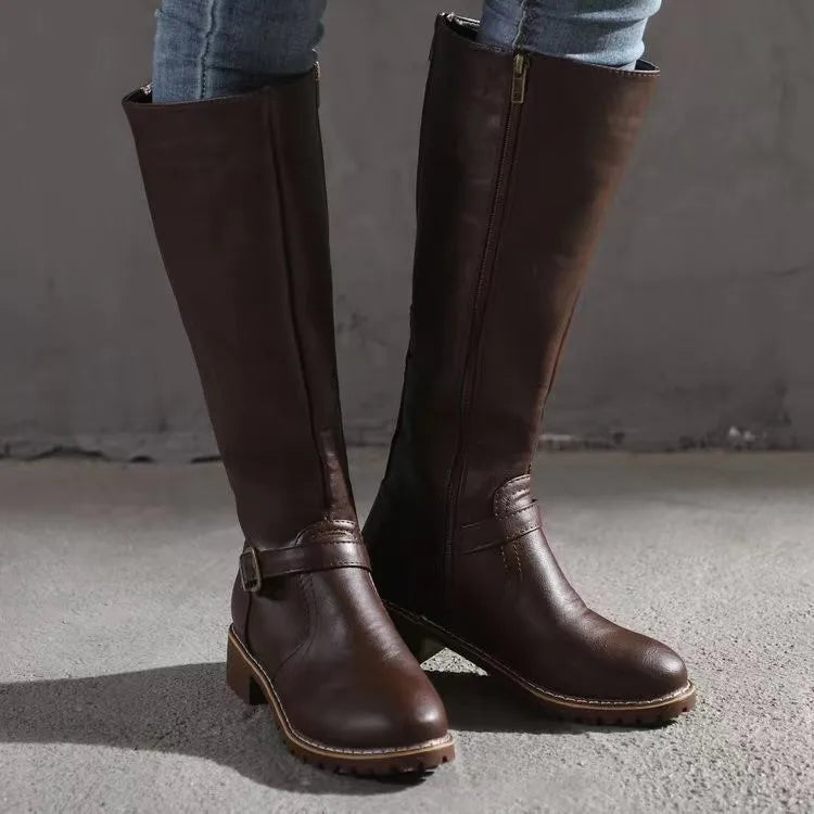 Women's Leather Tall Boots with Non Slip Rubber Sole Side Zip and Wide Toe Box