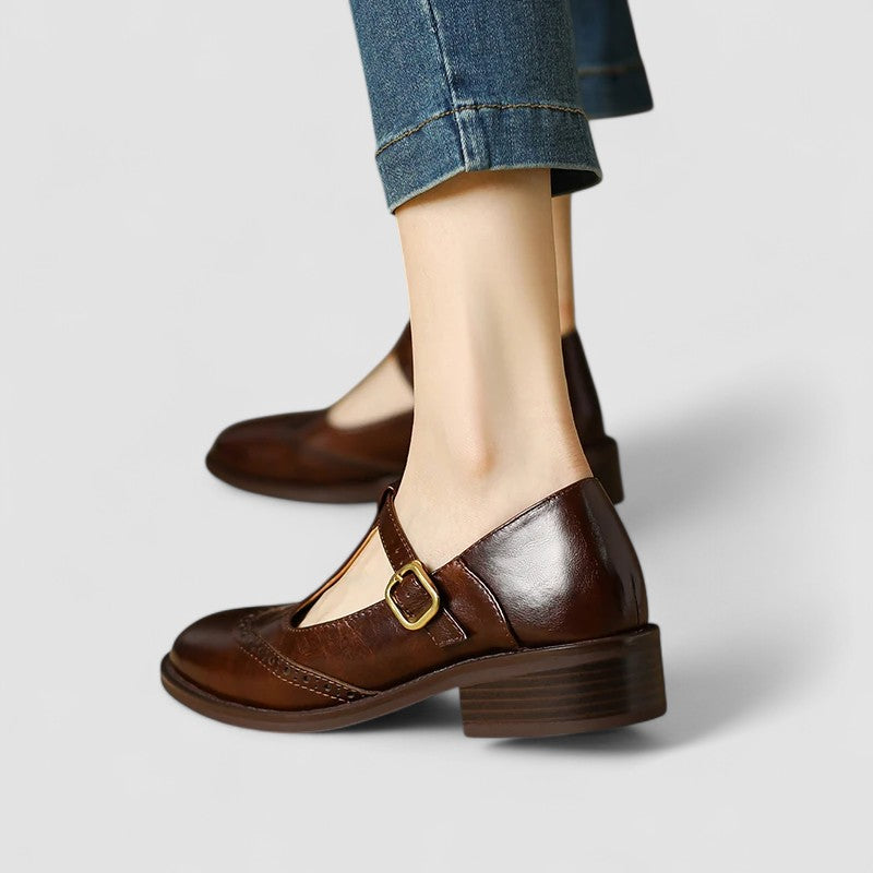 Women's Genuine Leather Mary Jane Shoes with Block Heel Round Toe and Buckle Strap