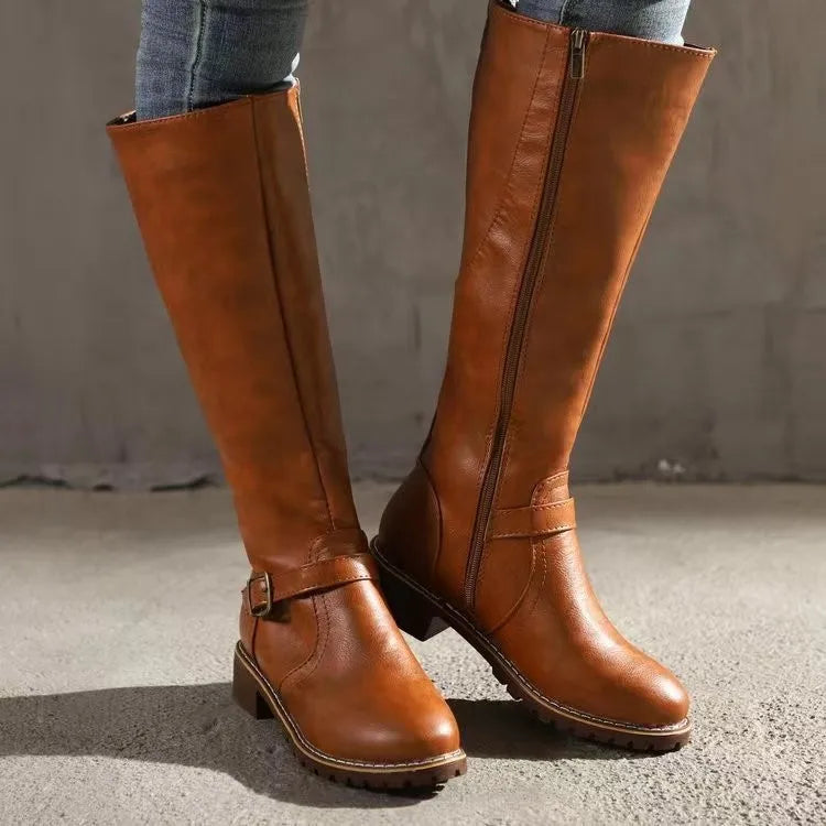 Women's Leather Tall Boots with Non Slip Rubber Sole Side Zip and Wide Toe Box