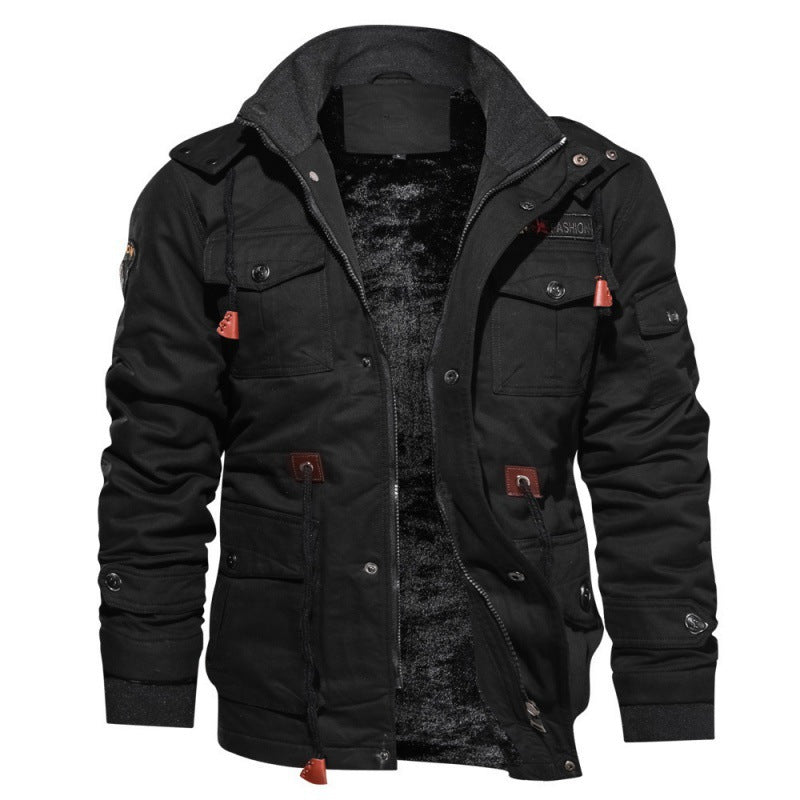 Men's Waterproof Fleece Jacket with High Collar Chest Pockets and Metal Hardware