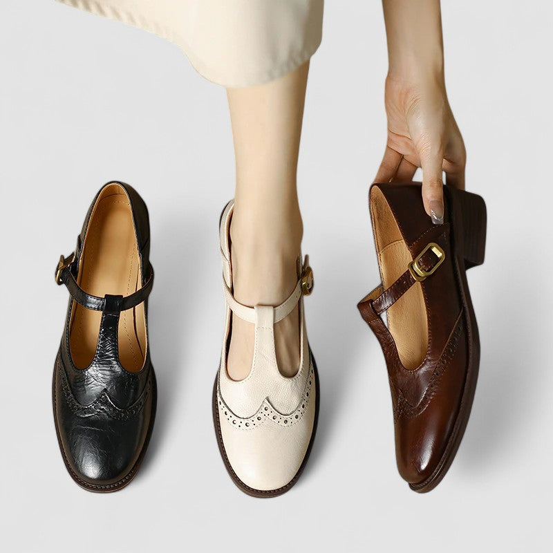 Women's Genuine Leather Mary Jane Shoes with Block Heel Round Toe and Buckle Strap