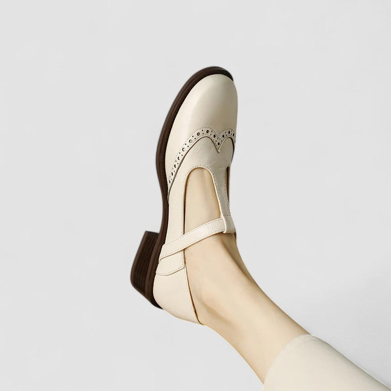 Women's Genuine Leather Mary Jane Shoes with Block Heel Round Toe and Buckle Strap